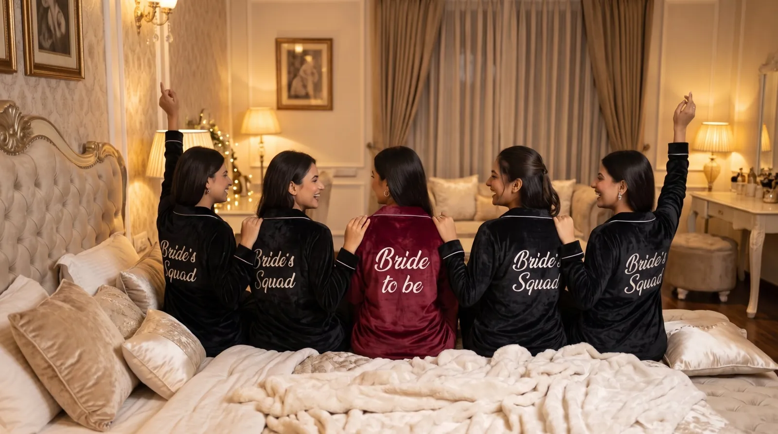Bride in a maroon velvet nightsuit with 'Bride to be' on the back, sitting with four friends in black 'Bride's Squad' nightsuits