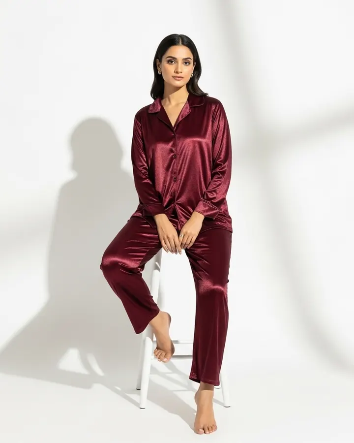 Model in a red silk soft nightsuit
